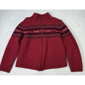 Vintage Talbots Sweater Jacket Womens Medium Red Wool Fair Isle Nordic Cardigan